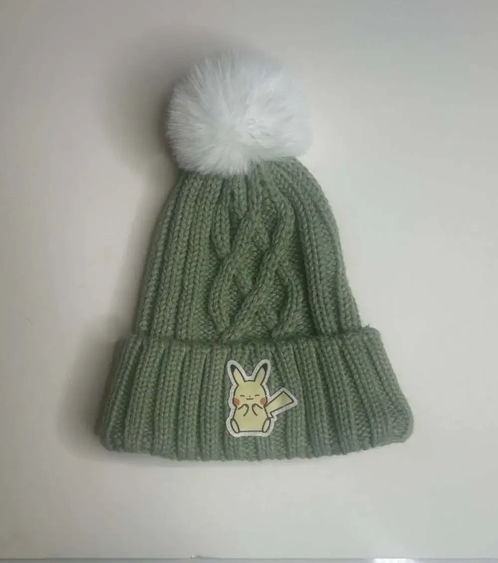 Youth Pokémon Pikachu Green & White Cable Knit Beanie With Pom Pom, NWOT